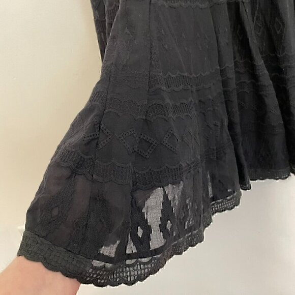 REBECCA TAYLOR Tie Embroidered Gauze Dress Black Geo Eyelet Boho Midi Fit Flare - Picture 10 of 16